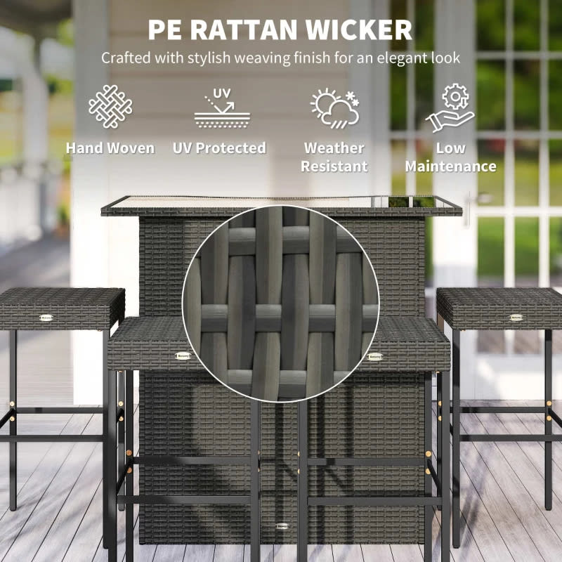 Outsunny 5 Piece Rattan Wicker Bar Set, High Top Outdoor Table And Chairs, Bar Height Patio Set, 2 Shelves & 4 Bar Stools, GrayMultiple Packages view 10