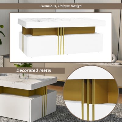 Modern White Rectangular Coffee Table With Marble Pattern Triamine Board Top And 2 Wooden Drawers, Living Room Table, 100x50x40cm view 14