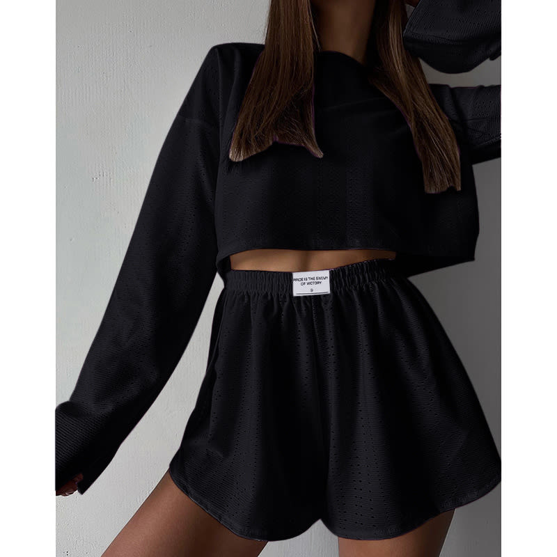 Hollow Long-sleeved Suit With Loose Round-neck Tops And Elastic Split Shorts Fashion Women's Clothing view 9
