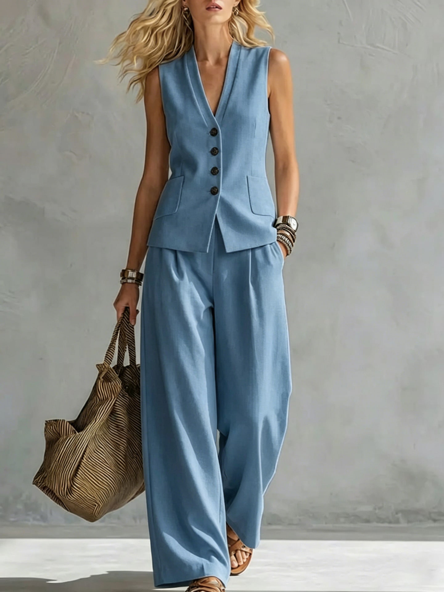 Two-piece V-Neck Sleeveless Vest And Wide Leg Pants For Women Summer Solid-Colored Sleeveless Casual Linen Tank Top And Pants Set view 7