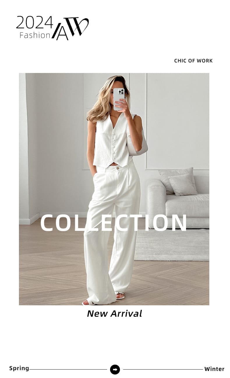 White Cotton Linen Sleeveless V-neck Vest Pants Suit view 4