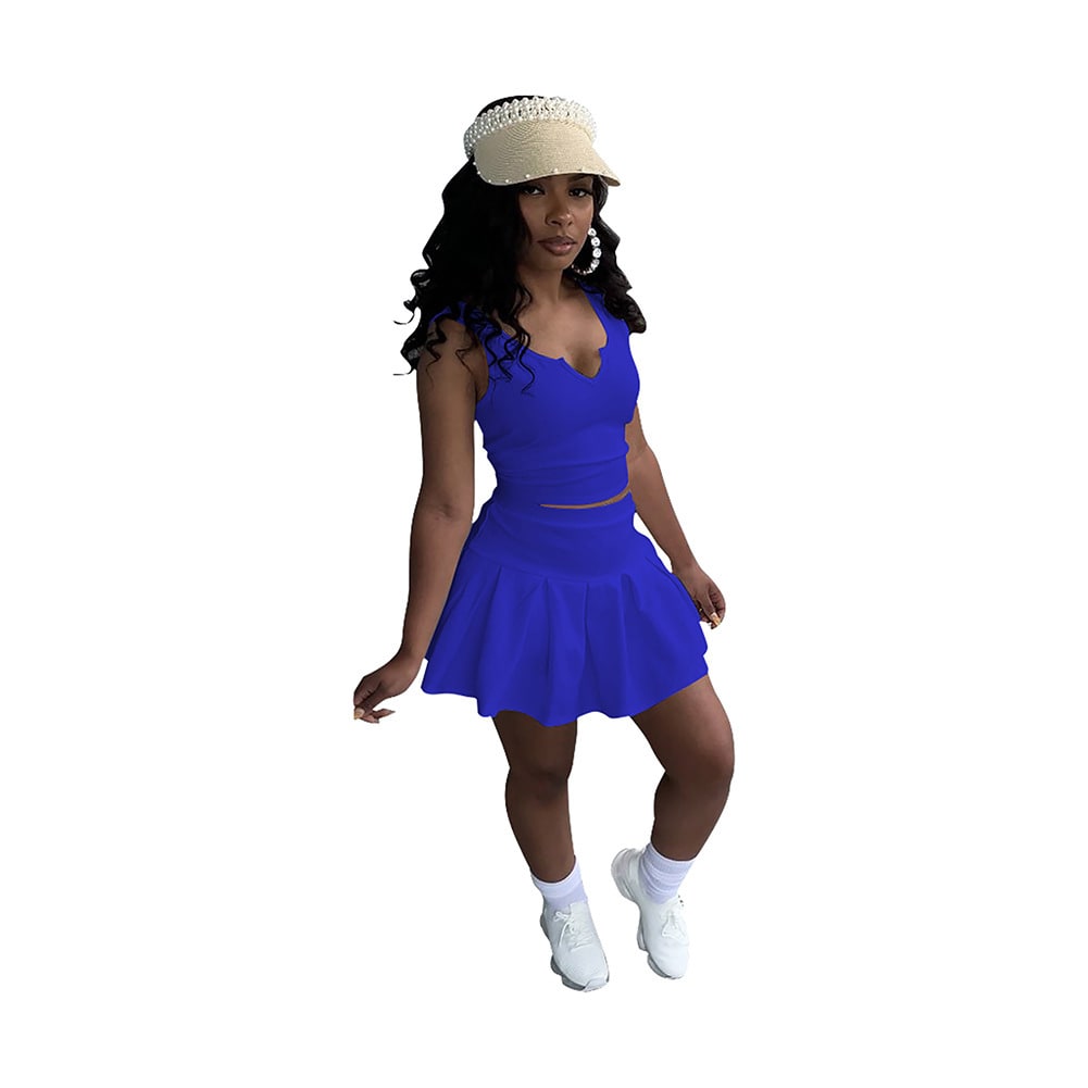 Solid Color And V-neck Sleeveless Pleated Pants Skirt Tennis Skirt Suit view 12