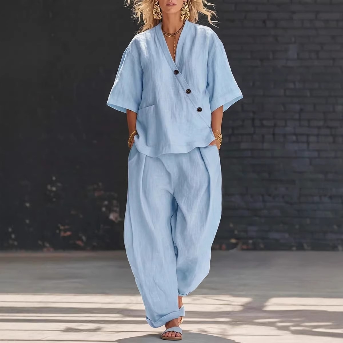 Summer Short-sleeved Suits Loose-fit V-neck Top And High-waist Trousers Women's Two-piece Set view 2