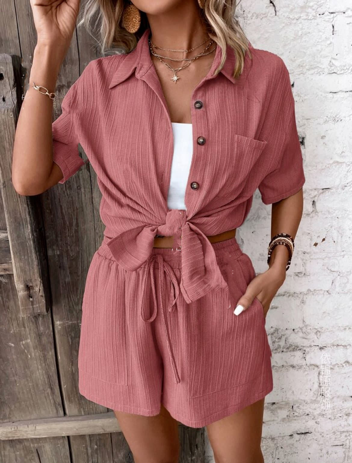 Summer Cardigan Button Short Sleeve Solid Color Shorts Suit view 7