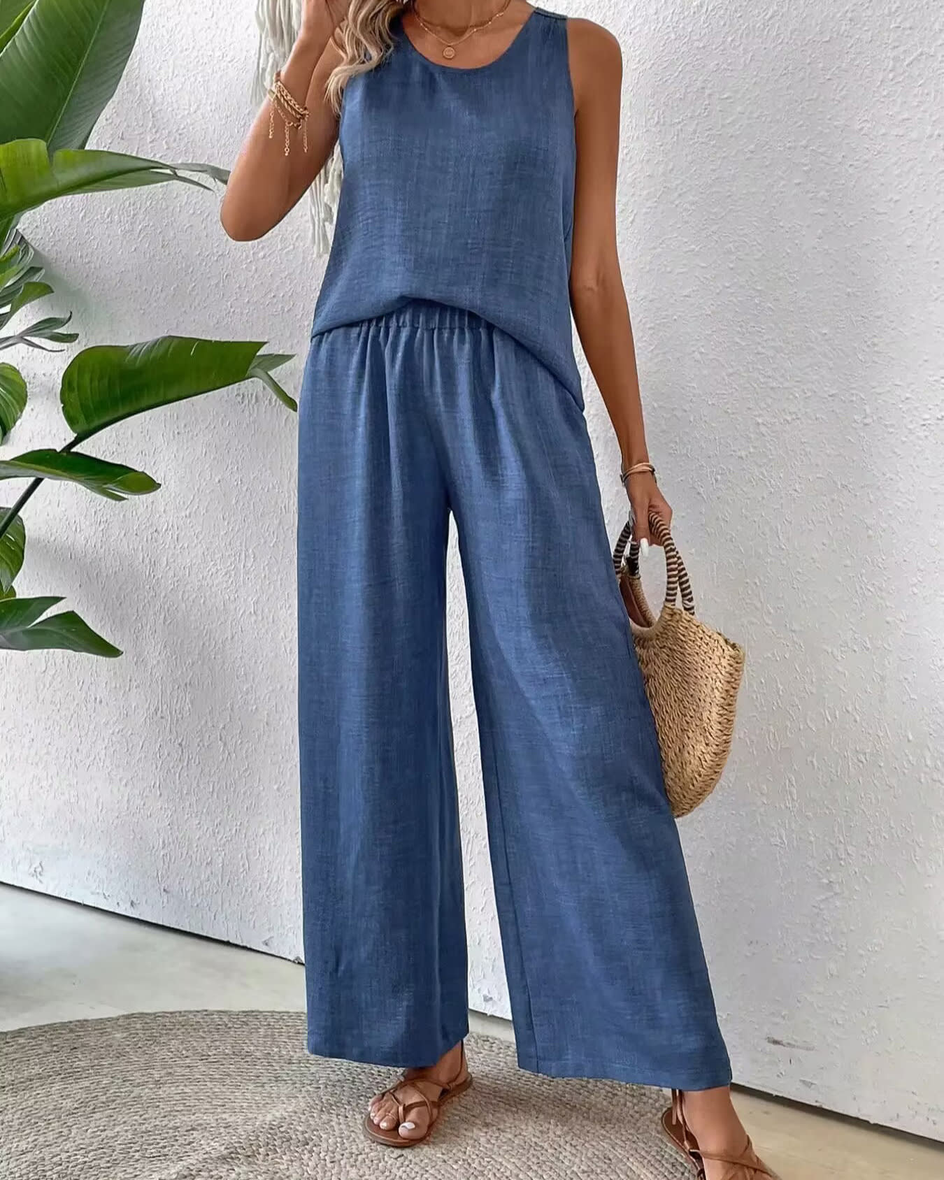 2 Pieces Set Women's Sleeveless Solid Color Back Hollow Lace Suit Summmer Trendy Casual Top Wide Leg Pants Set For Daily Wear Holiday Outfit view 15