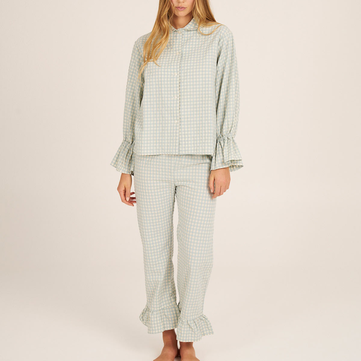 Women's Casual Two-piece Suit Bell Sleeve Top Mesh Trousers view 7