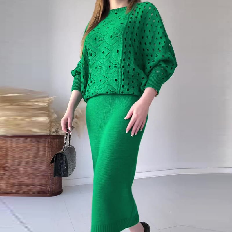 Autumn New Solid Color Hollow Round Neck Top Casual Knitted Skirt Suit view 6