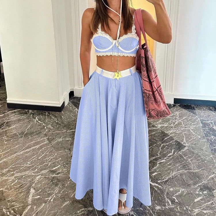 2 Pieces Lace Splicing Sling Vest High Waist Big Swing Skirt Fashion Blue Print Sets Spaghetti Strap Lace Bra And High Waisted Loose Pleated Skirts Sets view 5
