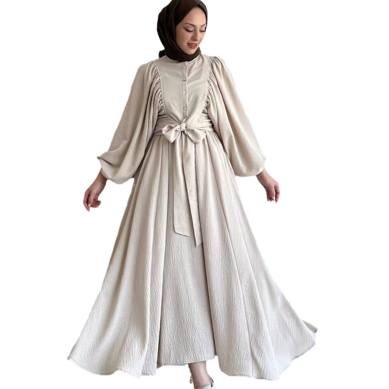 Muslim Fashion Suit Bishop Sleeves Top Swing Mid-length Dress Set view 7