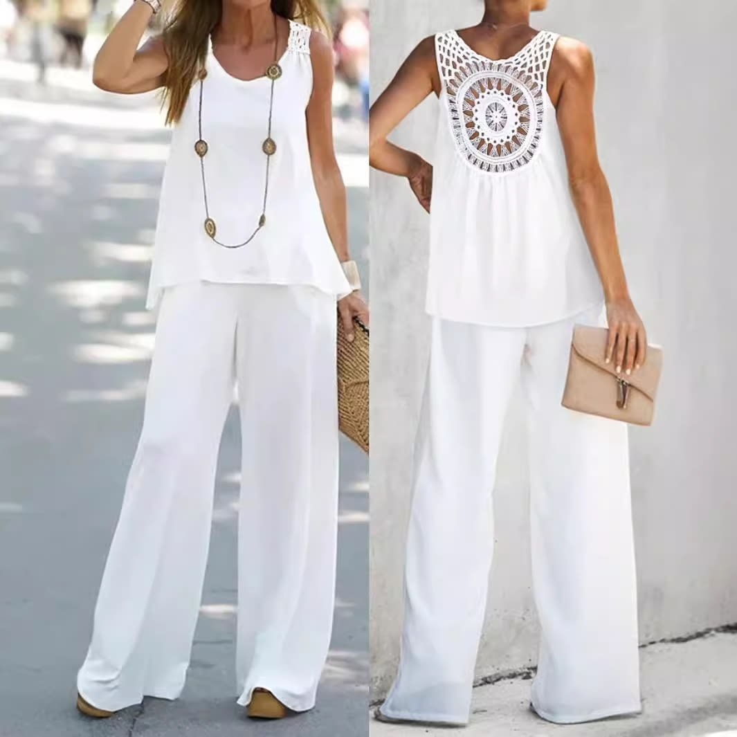 2 Pieces Set Women's Sleeveless Solid Color Back Hollow Lace Suit Summmer Trendy Casual Top Wide Leg Pants Set For Daily Wear Holiday Outfit view 6