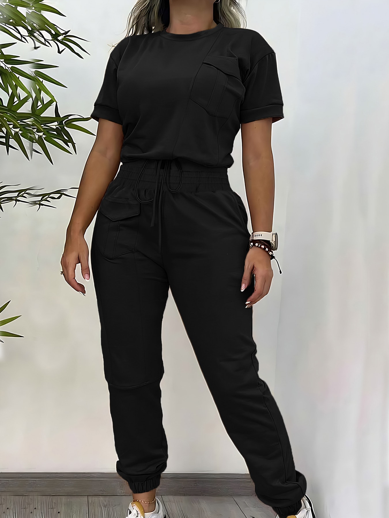 Workwear Casual Round Neck Short Sleeve Trousers Two-piece Set view 5