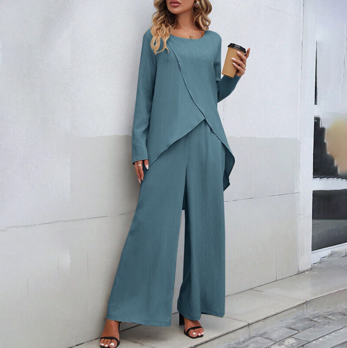 Women's Fashion Long Sleeve Irregular Hem Top Elastic Waist Wide Leg Trousers Two-piece Set view 3