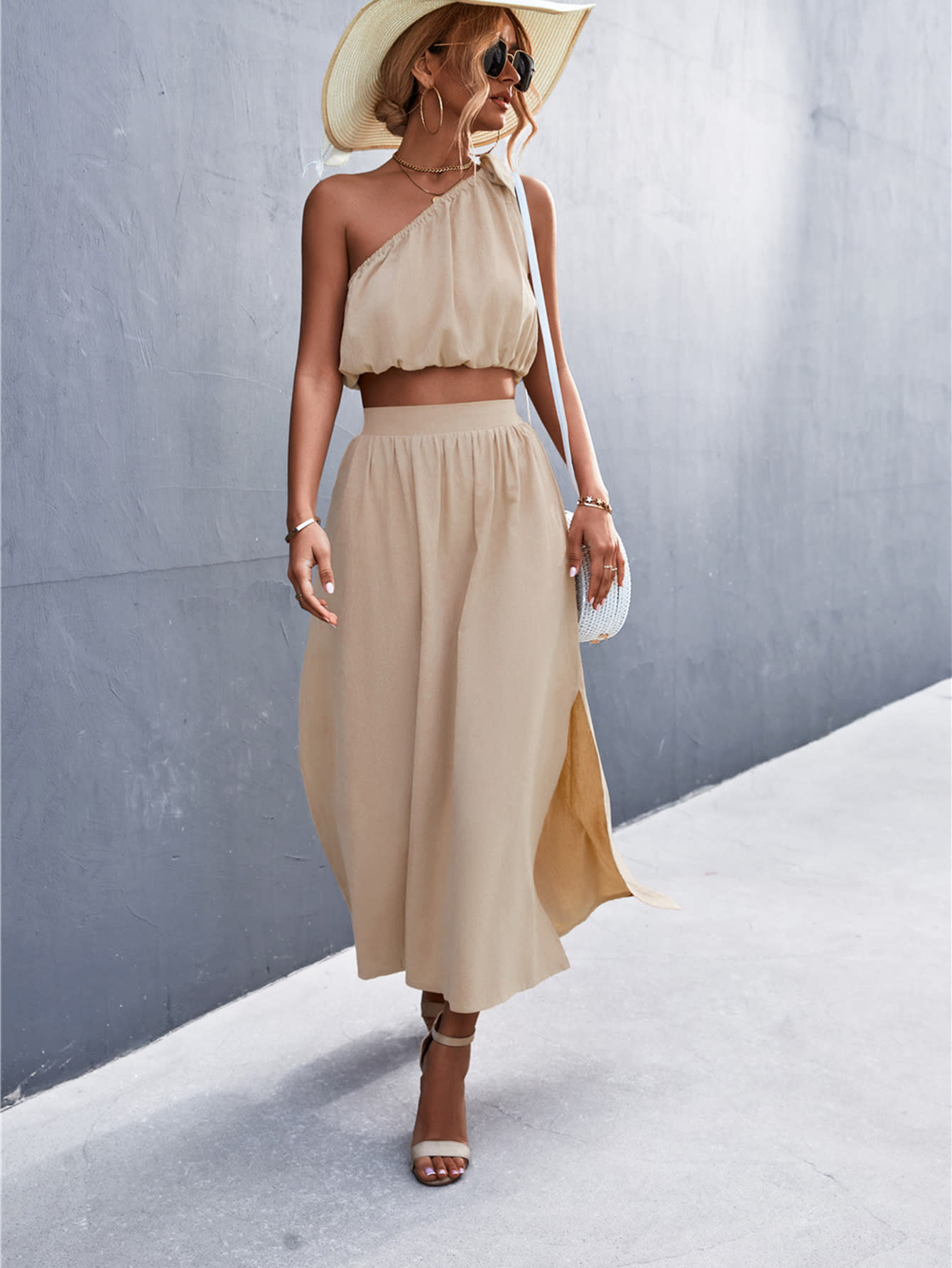Sexy Oblique Shoulder Lace-up Vest Slit Midi Skirt Suit view 16