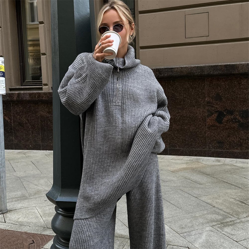 Autumn And Winter Half Zipper Sweaters Straight-leg Trousers Two-piece Set view 2