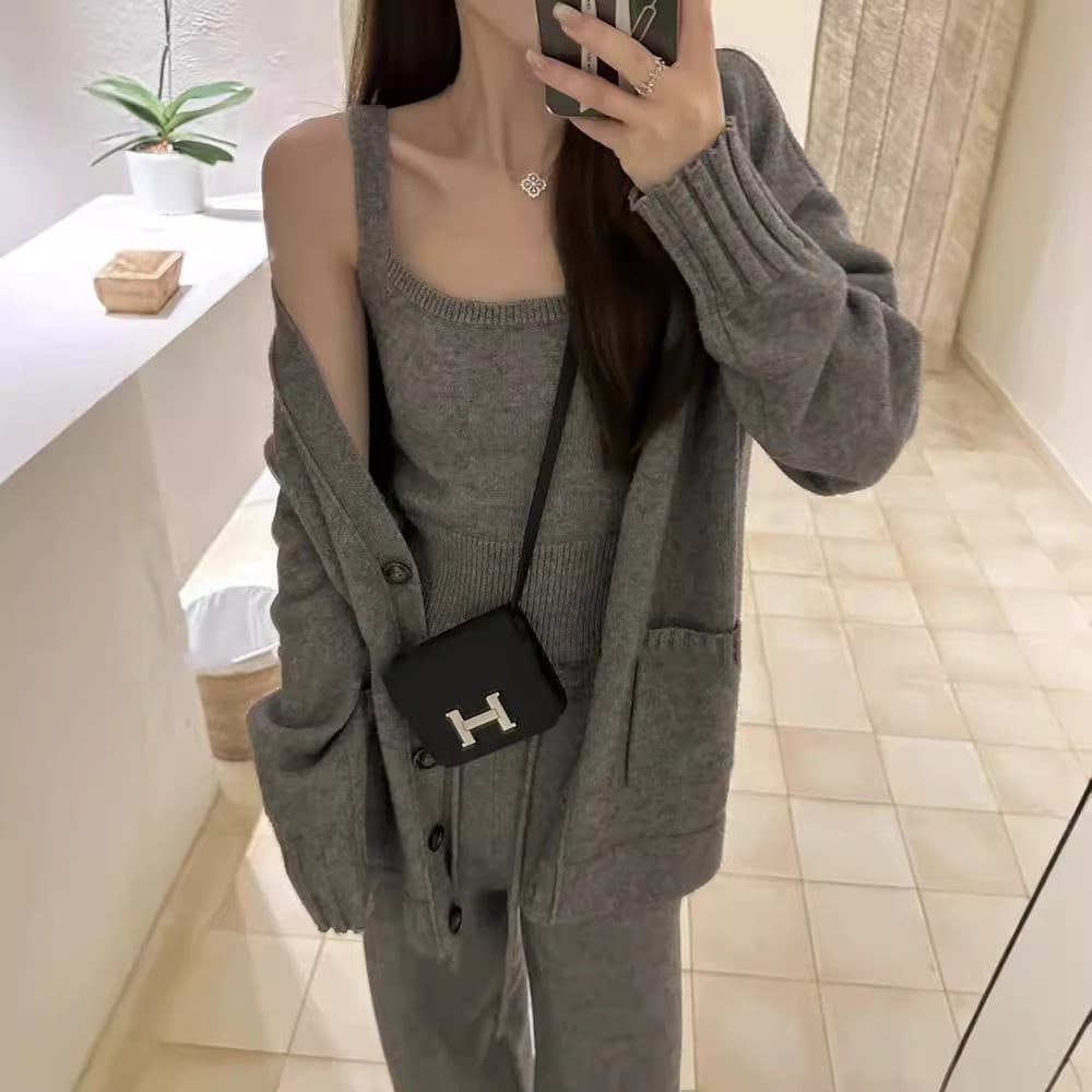 Knit Women's Cardigan Suspender Casual Pants Three-piece Set view 4