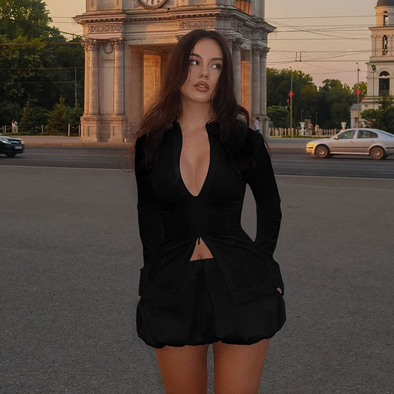 Slim Suits V-neck ZIpper Long-sleeved Top And Mini Skirt Ins Fashion Two-piece Set Women Clothing view 11