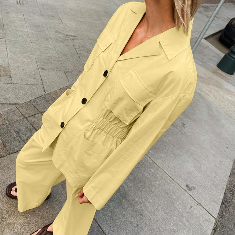 Lapel Long Sleeve Waist-controlled Top Wide Leg Pants Two-piece Set view 4
