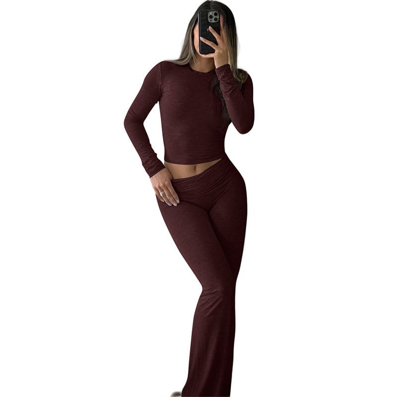 Round Neck Long Sleeve Low Waist Bell-bottom Pants Sportswear Suit view 3