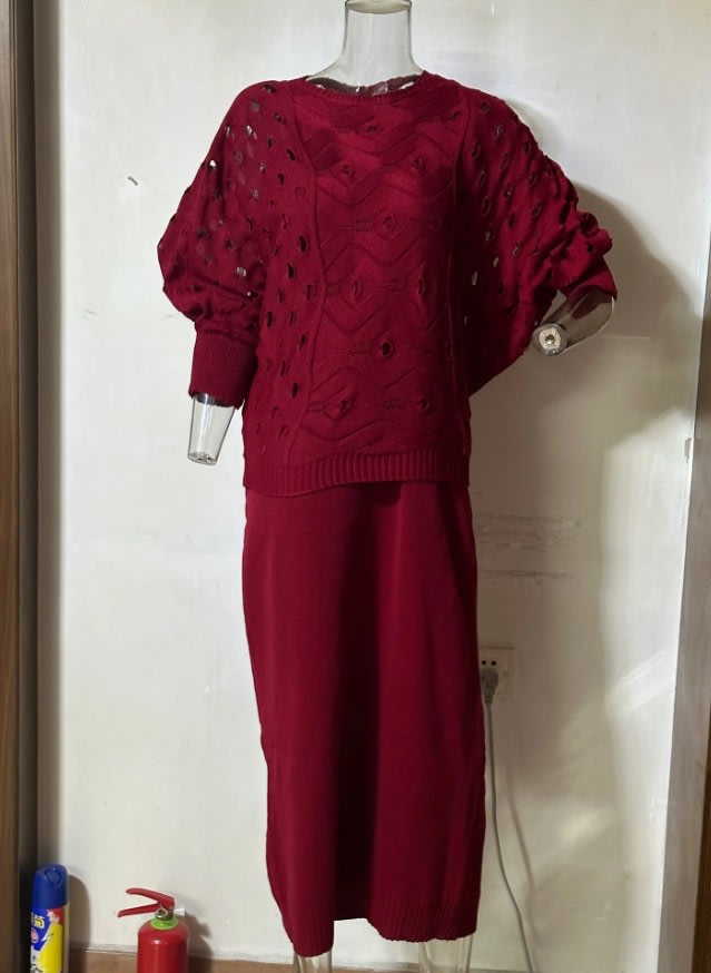 Autumn New Solid Color Hollow Round Neck Top Casual Knitted Skirt Suit view 4