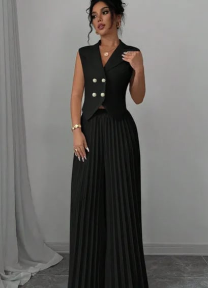 Summer Sleeveless Suit Fashion Lapel Button Vest Top And Pleated Straight Pants Women's Trousers Set Clothing view 12