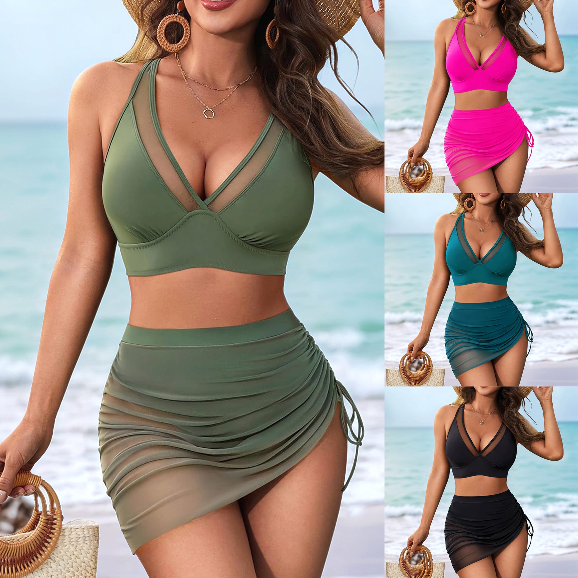 Two Piece Mesh Swimsuit Fashion Solid Color Stitching Drawstring Beachwear Women's Suit view 7