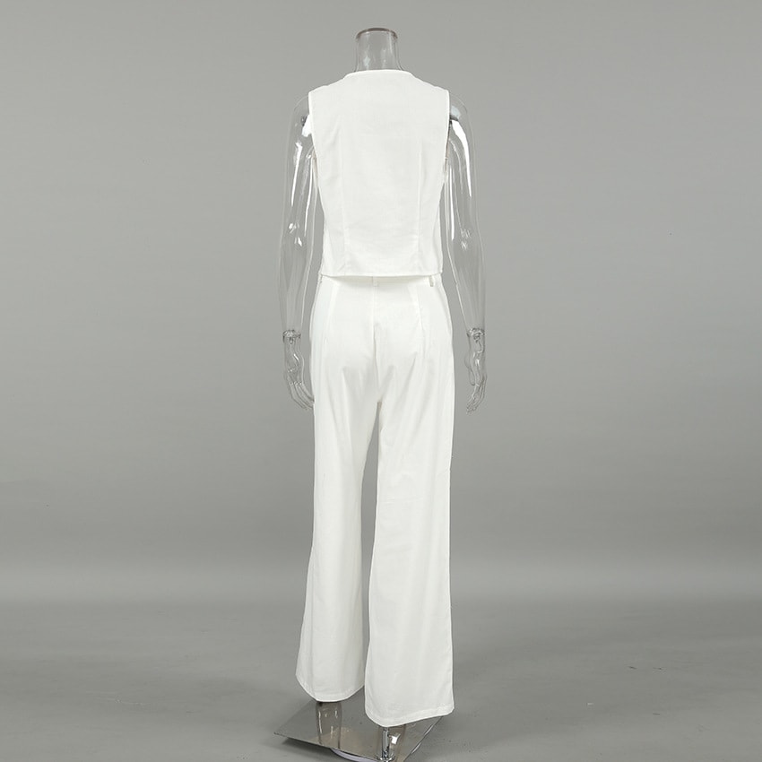 White Cotton Linen Sleeveless V-neck Vest Pants Suit view 13
