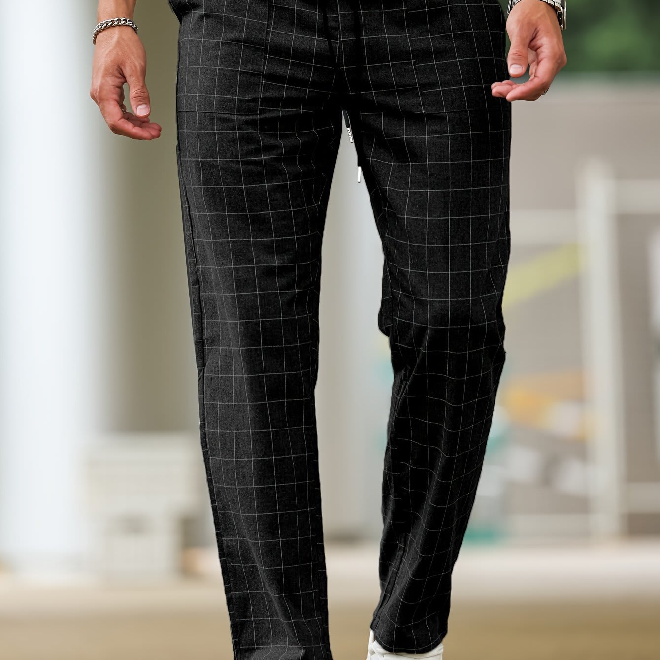 Men's Comfortable Soft Polyester Stripe Plaid Pants view 1