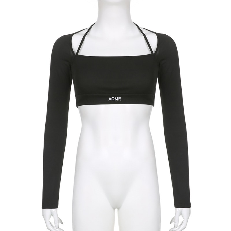 Solid Color Knitted Letter Body-hugging Suit Round Neck Long Sleeve Short Top High Waist Skinny Leggings Two-piece Set view 24
