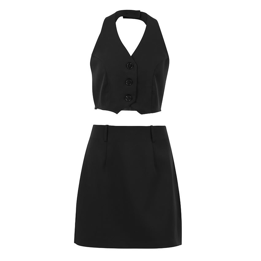 Fashion Black Halter Vest Jacket Ladies Two-piece Set view 2