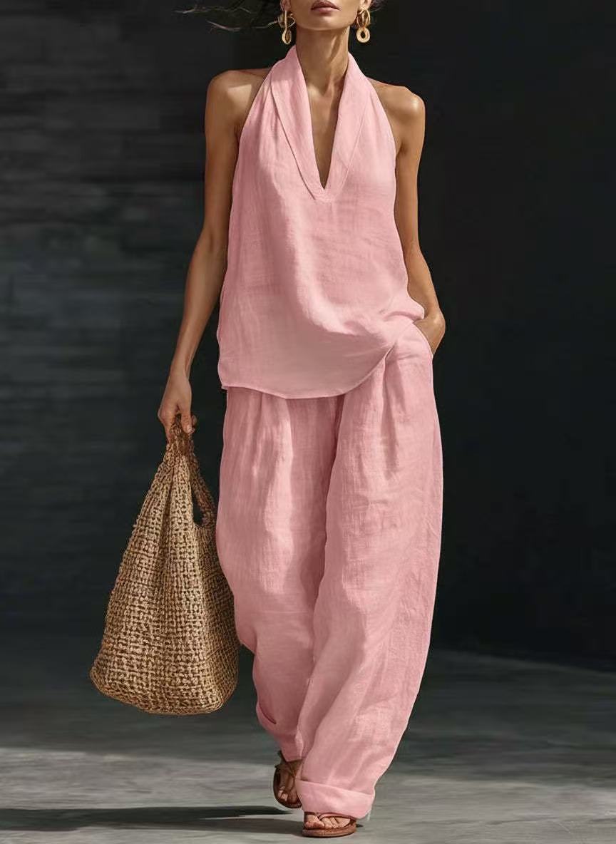 Summer Sleeveless Suits V-neck Halter Top And Wide-leg Pants Fashion Casual Straight Trousers Set view 11