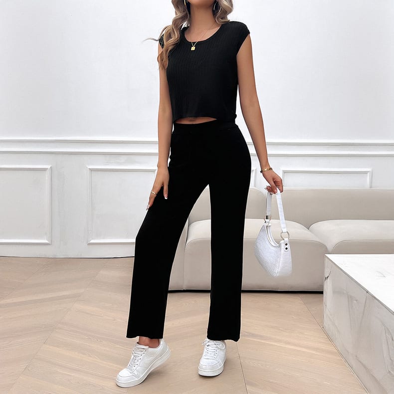 Casual Slim-fit Solid Color Woolen Sleeveless Bm Top Cropped Pants Set view 4
