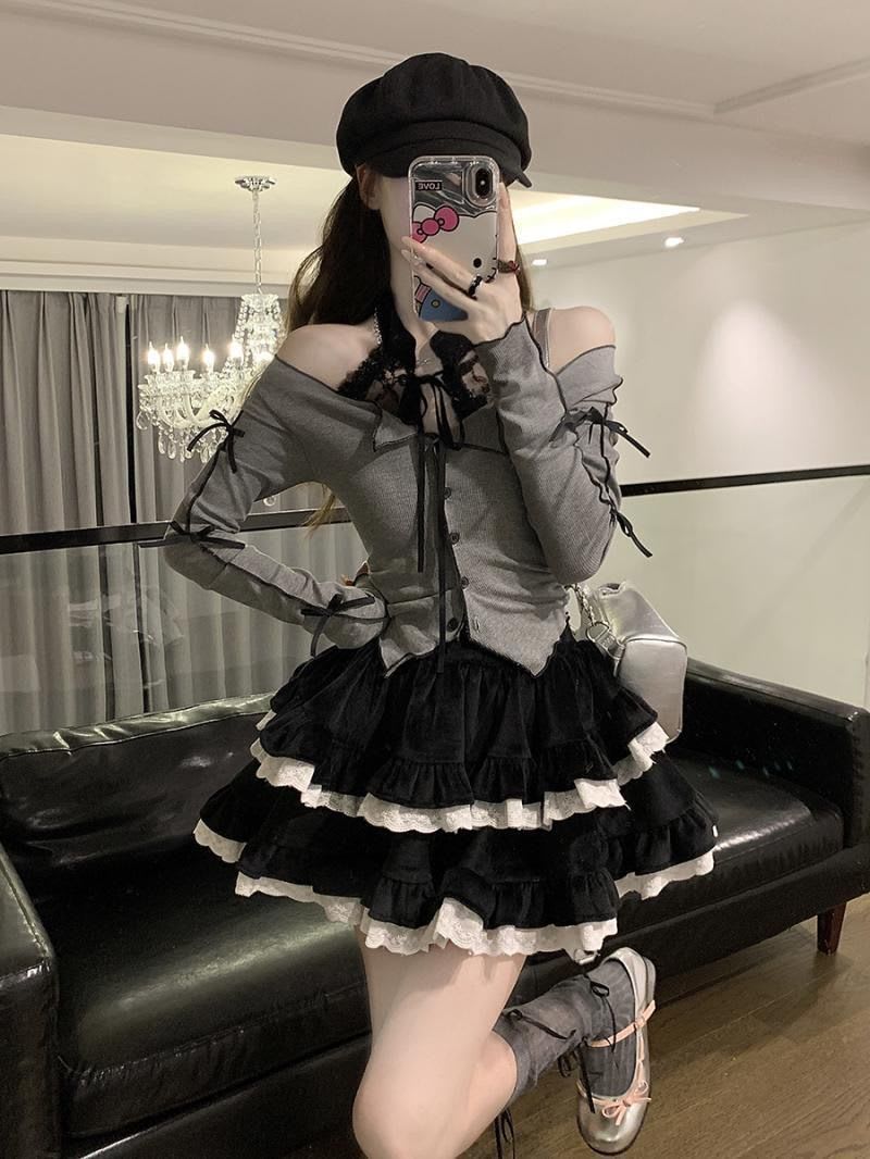 Long Sleeve Halterneck T-shirt Women's Cake Skirt