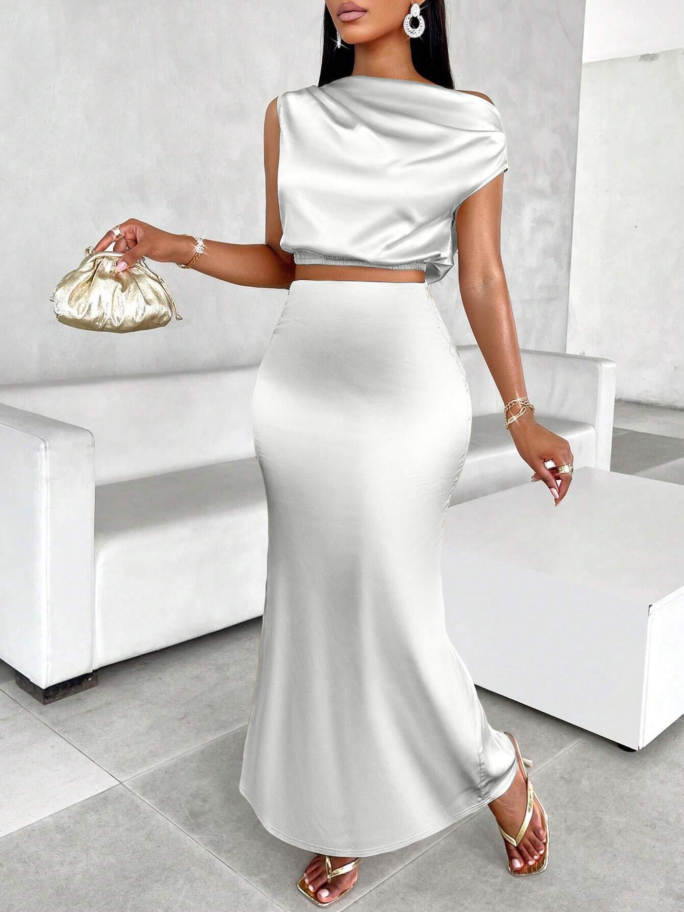 Women's Solid Color Satin Dress Midriff Outfit Suit view 3