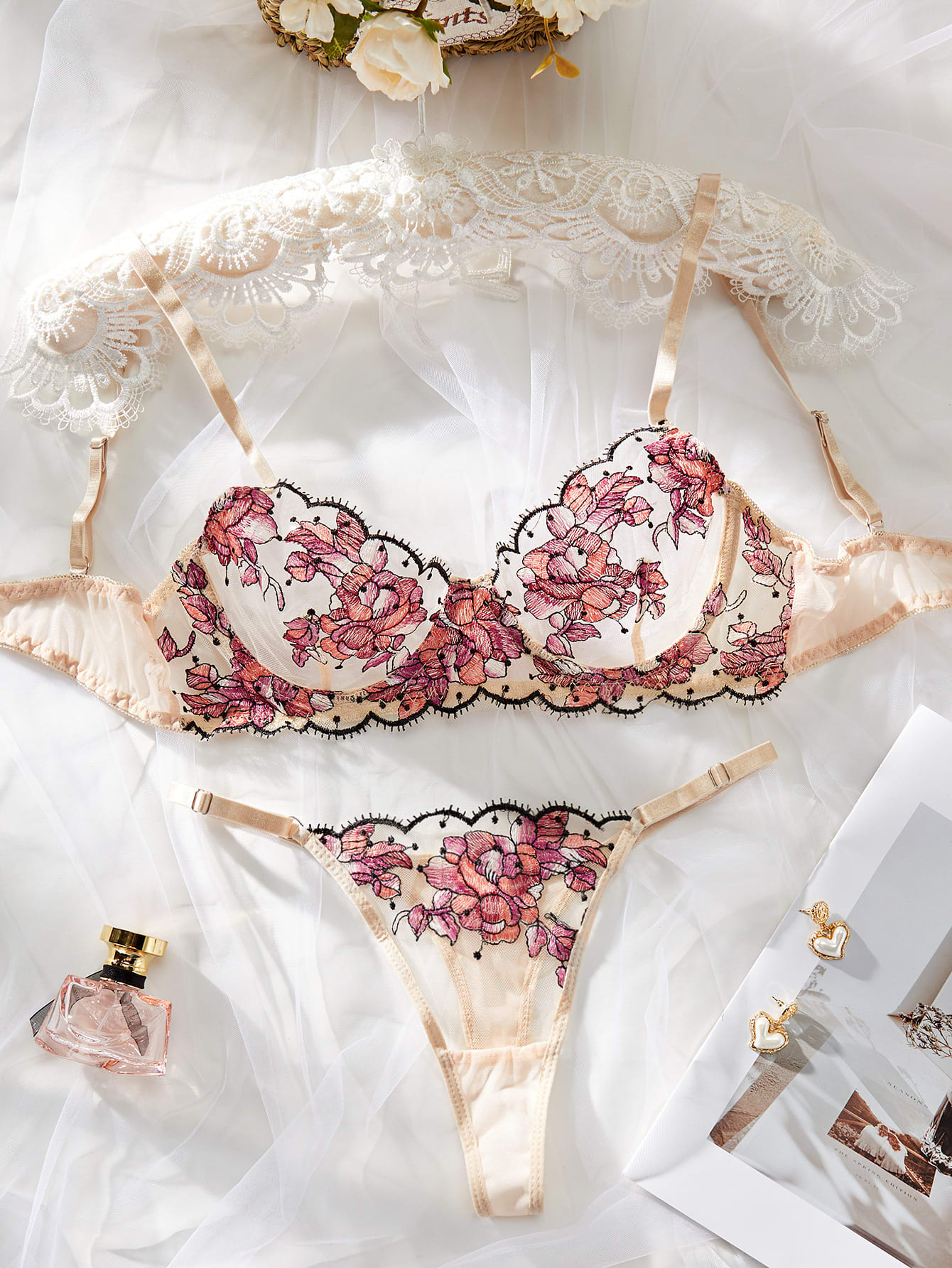 Women's Mesh Multi-color Embroidery Transparent Underwear Suit view 10