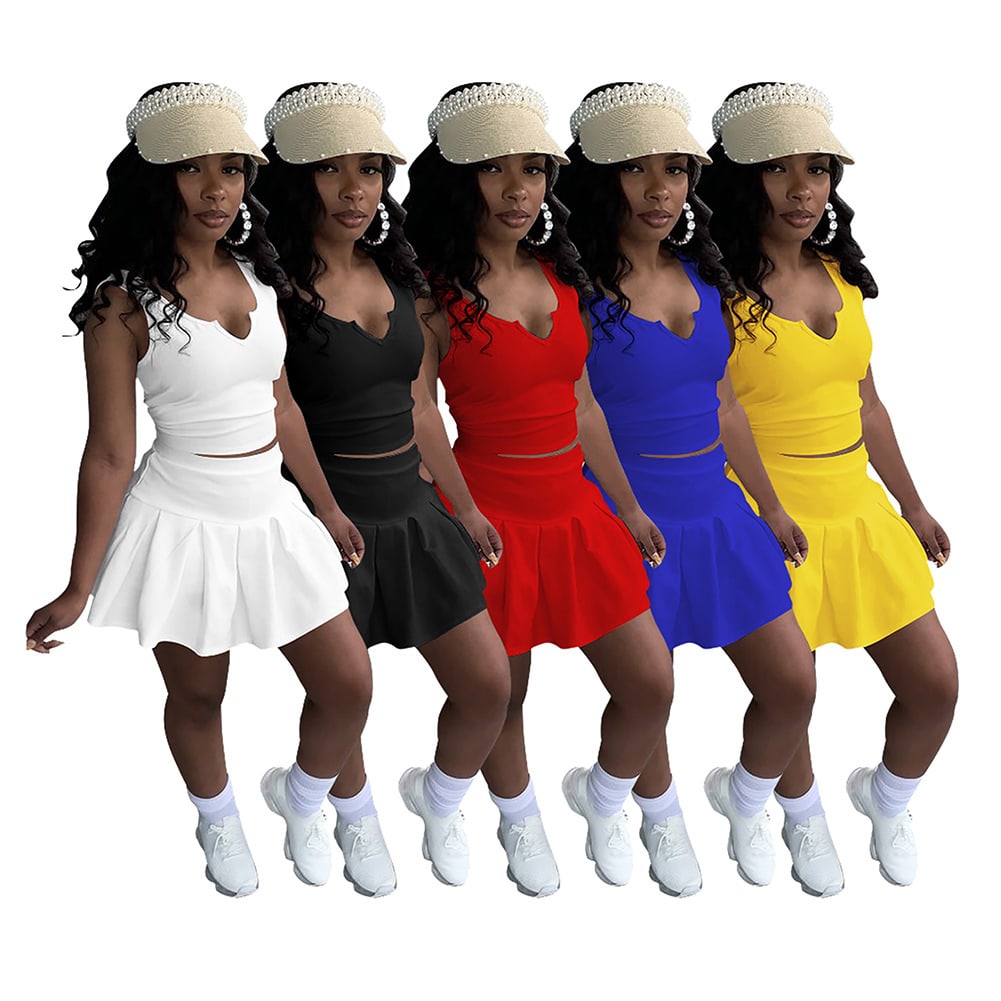 Solid Color And V-neck Sleeveless Pleated Pants Skirt Tennis Skirt Suit view 3