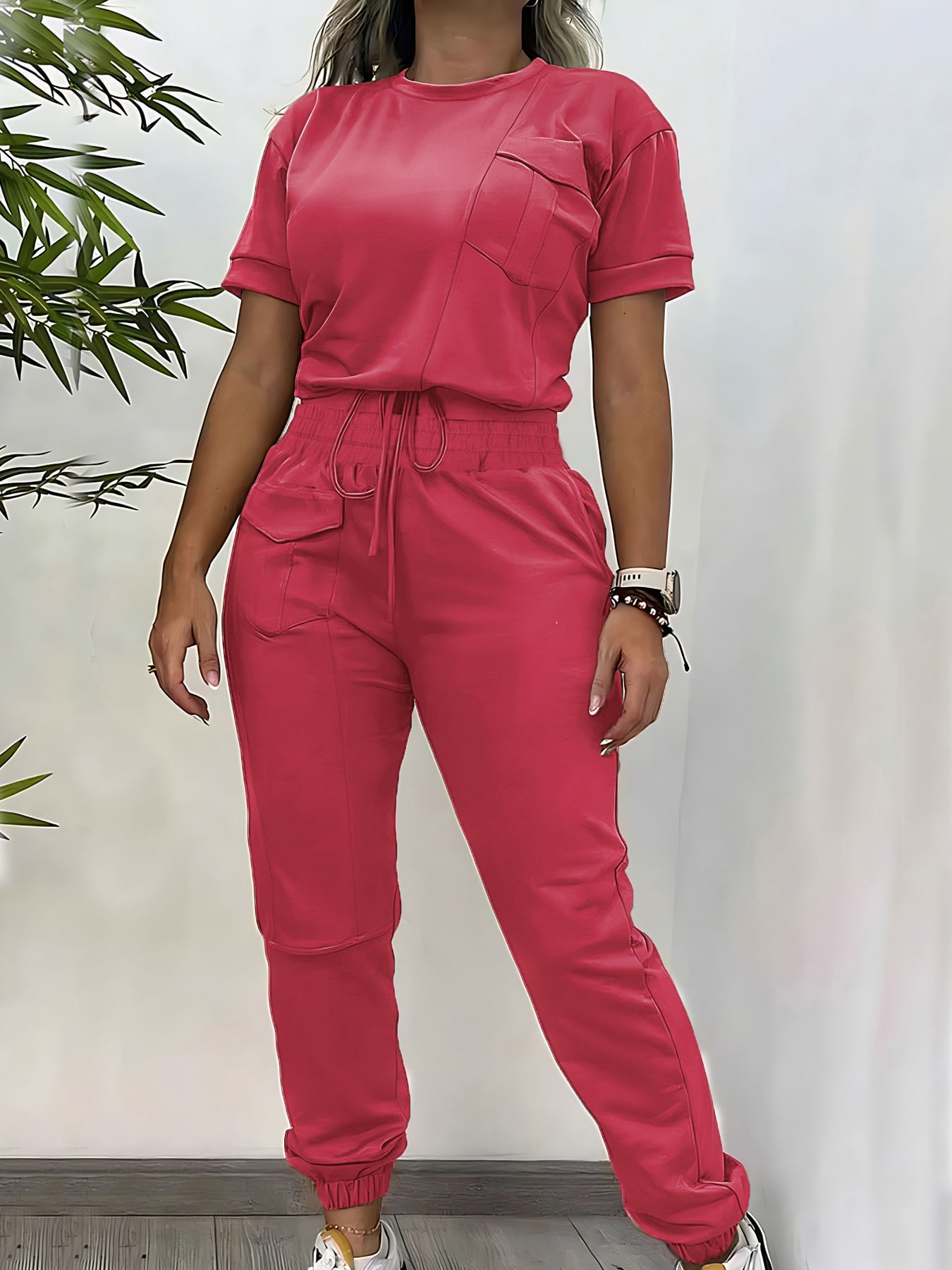 Workwear Casual Round Neck Short Sleeve Trousers Two-piece Set view 2