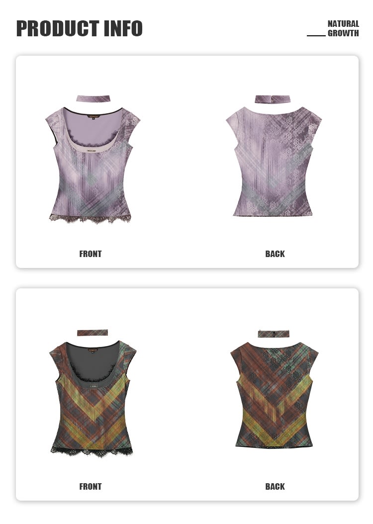 Plaid Lace Print Stitching Skin-friendly Knitted Flying Sleeve Top view 4