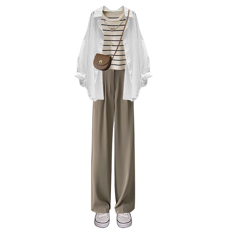 Spring Suit New Niche Design Shirt Striped Vest Wide Leg Pants Three-piece Set view 2