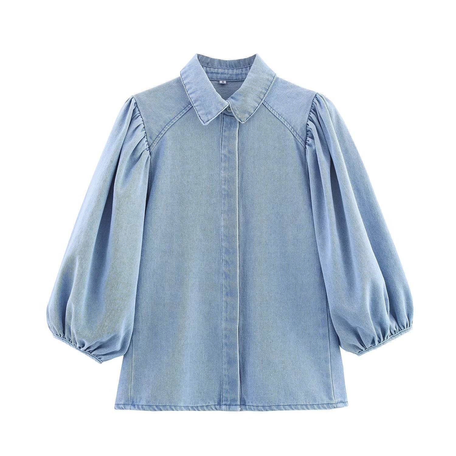 Women's Puff Sleeves Denim Shirt Jeans Suit view 5