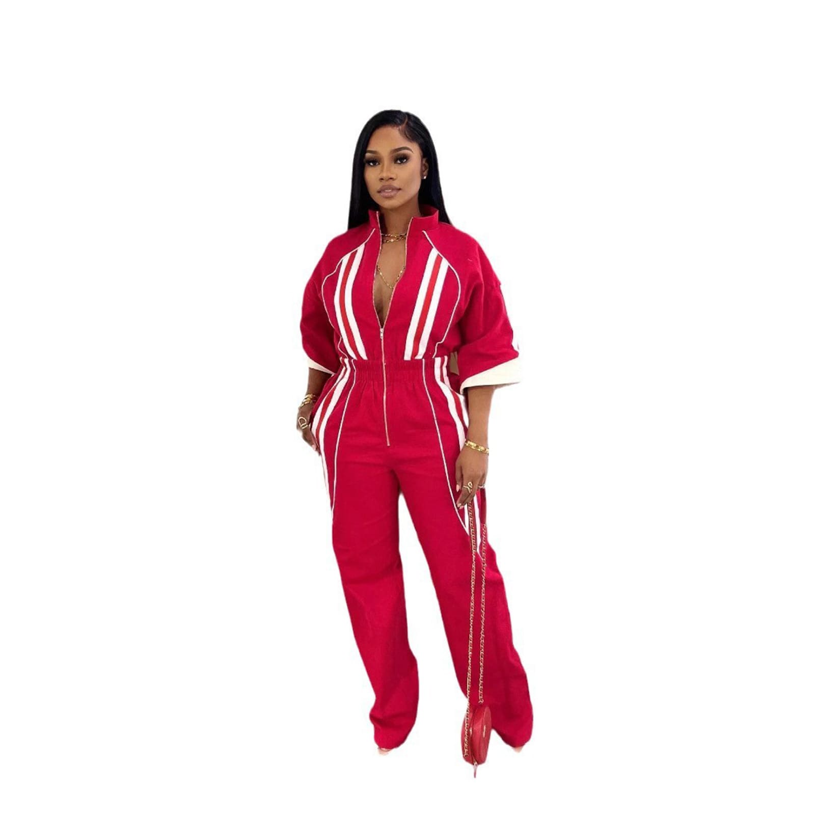 Stand Collar 7-point Sleeve Drop-shoulder Waist Long Zipper One-piece Trousers view 3