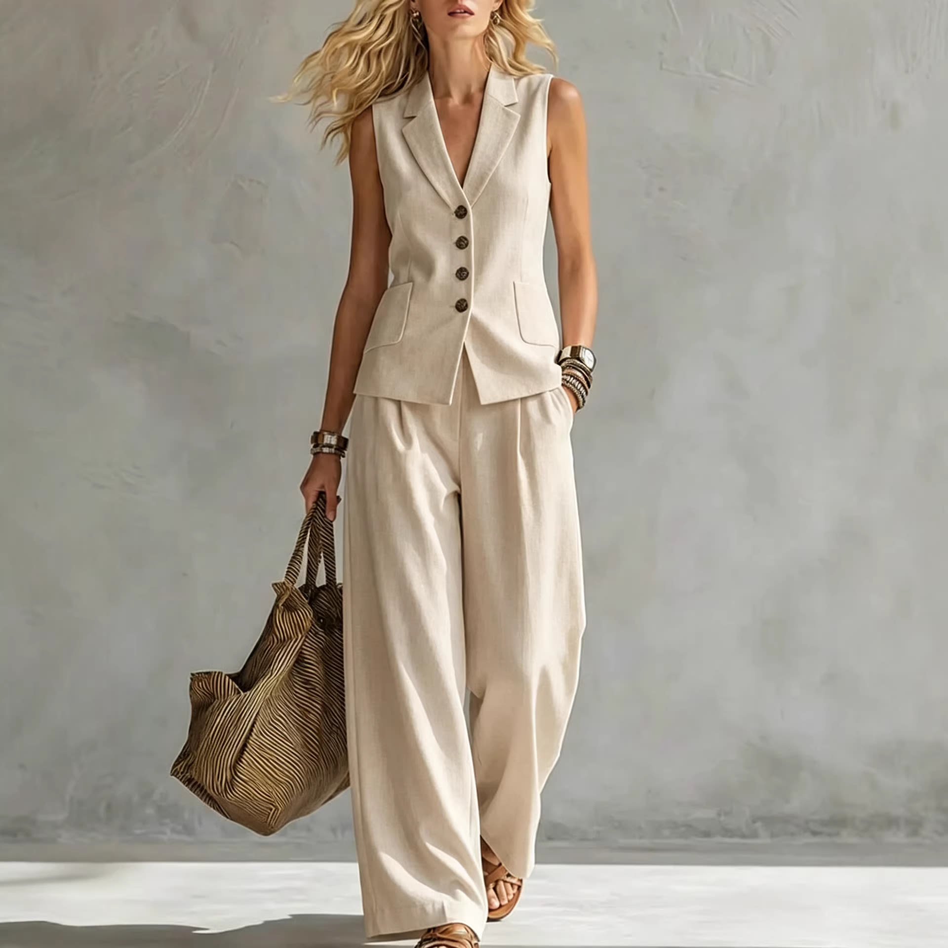 Two-piece V-Neck Sleeveless Vest And Wide Leg Pants For Women Summer Solid-Colored Sleeveless Casual Linen Tank Top And Pants Set view 9