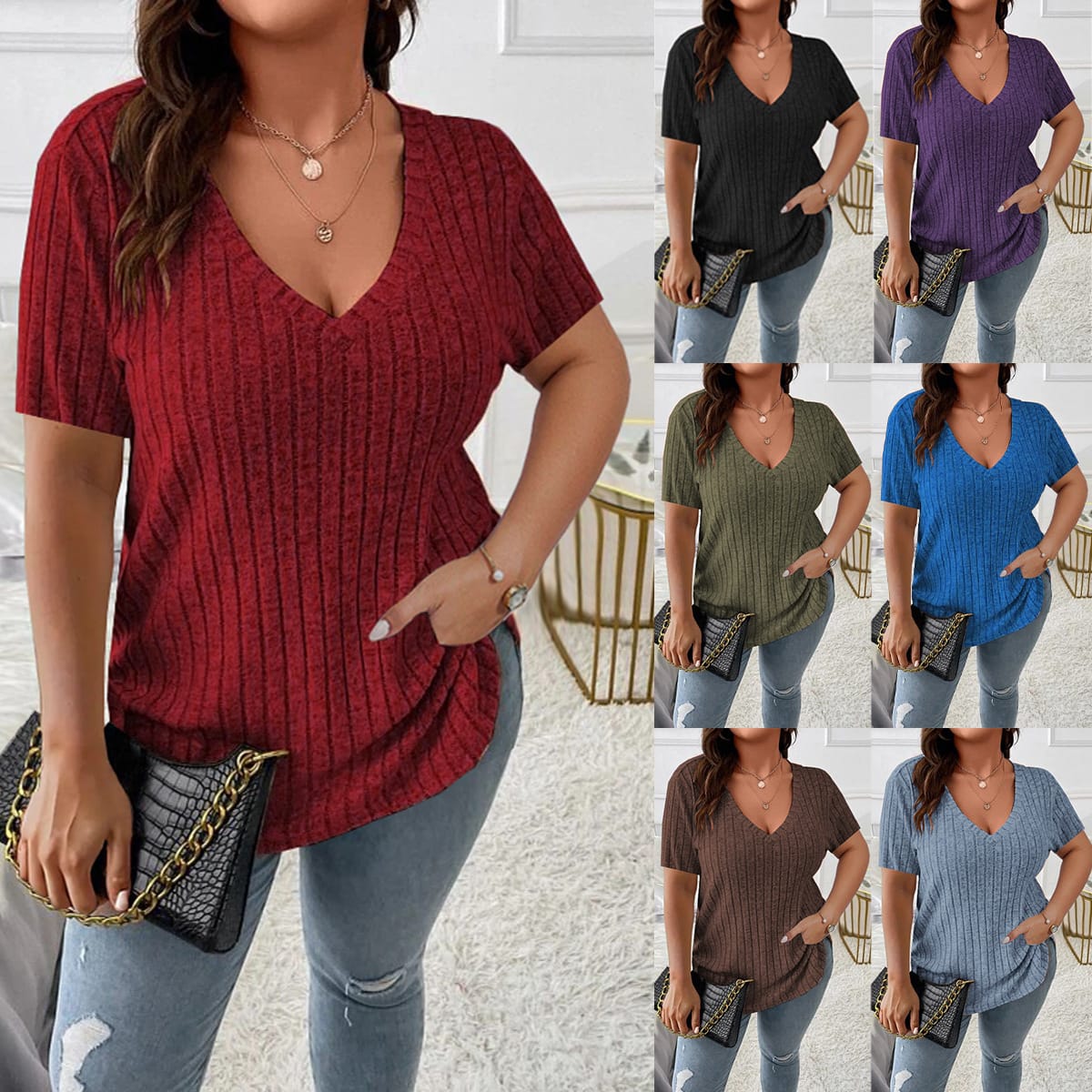 Solid Color Plus Size Women's Clothes Top V-neck Sunken Stripe Short Sleeve T-shirt view 29