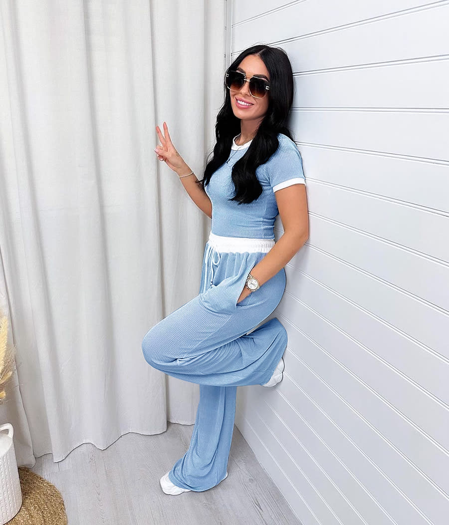 Round Neck Contrast Color Women's Fashion Casual Wide-leg Pants Sports Suit view 29