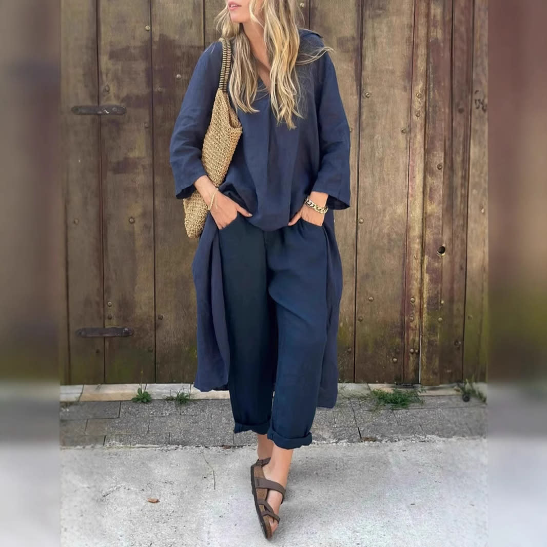 2pcs Long-sleeved Suits Loose V-neck Long Top And High Waist Wide Leg Pants With Pockets Women's Clothing view 6