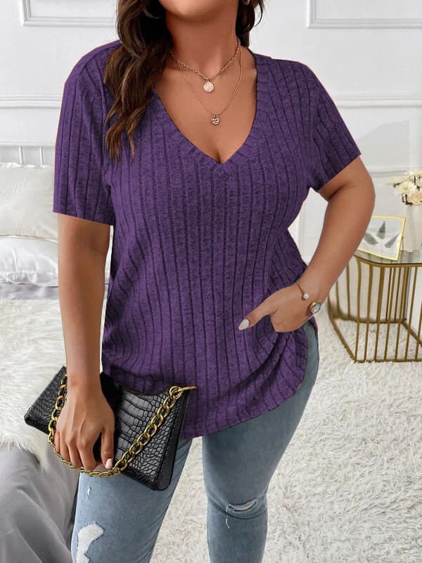 Solid Color Plus Size Women's Clothes Top V-neck Sunken Stripe Short Sleeve T-shirt view 21