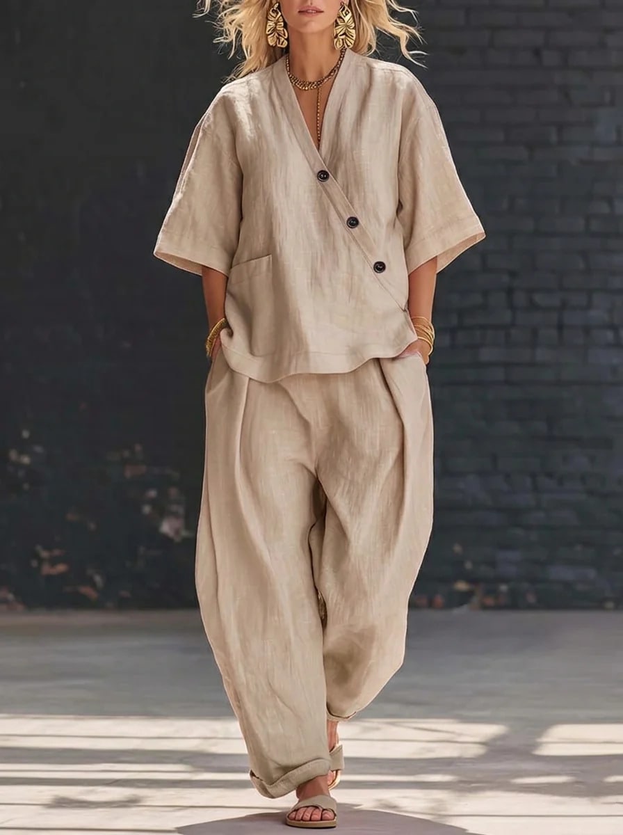 Summer Short-sleeved Suits Loose-fit V-neck Top And High-waist Trousers Women's Two-piece Set view 6