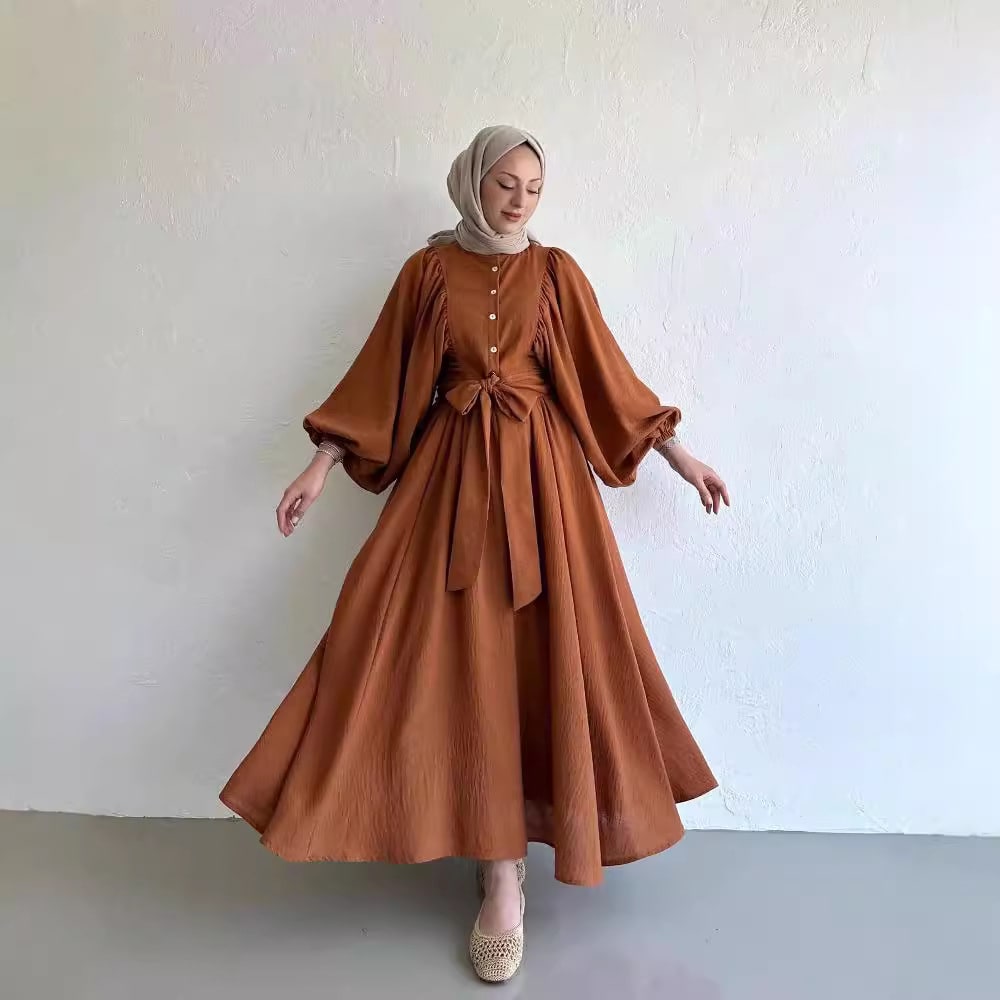 Muslim Fashion Suit Bishop Sleeves Top Swing Mid-length Dress Set view 2