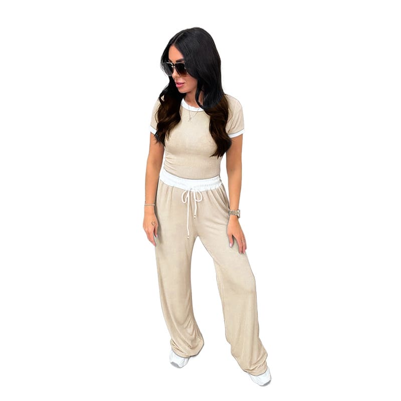 Round Neck Contrast Color Women's Fashion Casual Wide-leg Pants Sports Suit view 19