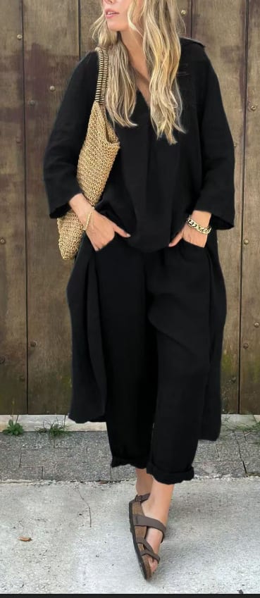 2pcs Long-sleeved Suits Loose V-neck Long Top And High Waist Wide Leg Pants With Pockets Women's Clothing view 15