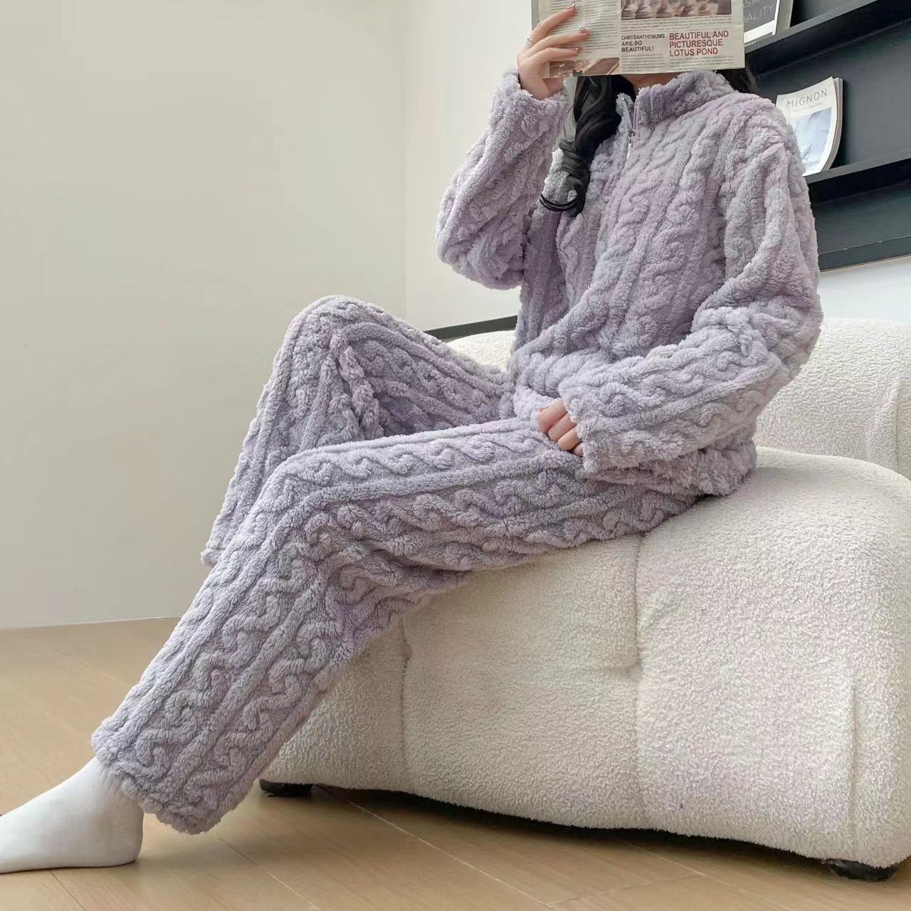 Autumn And Winter New Twist Zipper Couple Fleece-lined Thick Coral Fleece Pajamas Homewear Loungewear Sleepwear For Sleeping view 7